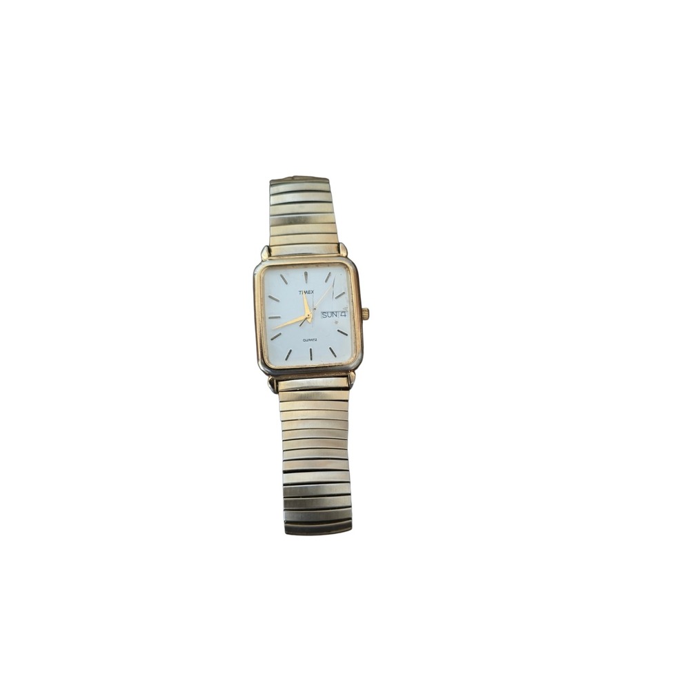 Vintage Timex Quartz Square Gold Tone Watch Day Date Expansion Band TB9 CR2016